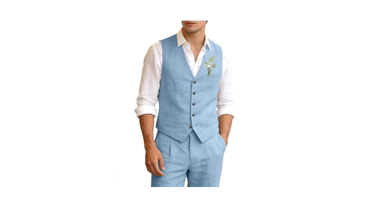 Casual Linen Suit Men's 2 Piece Wedding Groomsmen Slim Fit