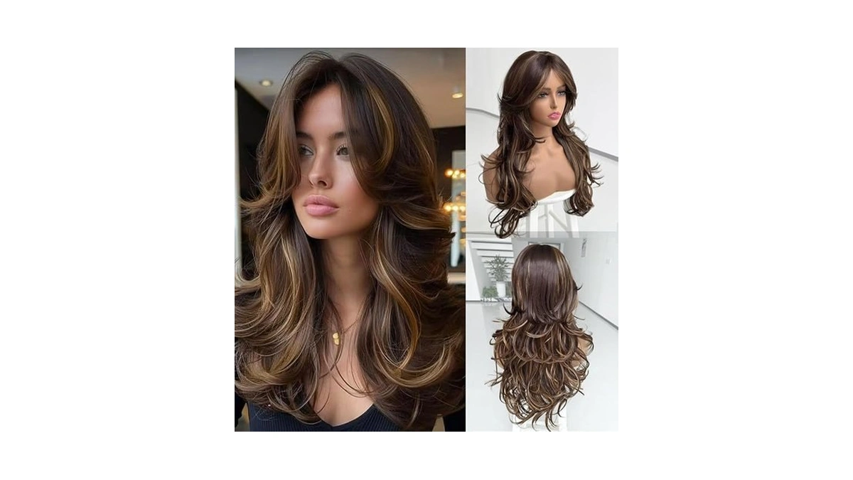 Highlight Dark Brown Mix Honey Blonde Long Layered Wavy Wigs