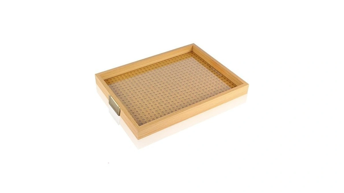 Ywmsgm Rattan Woven Mesh Surface Wood Serving Tray With Metal