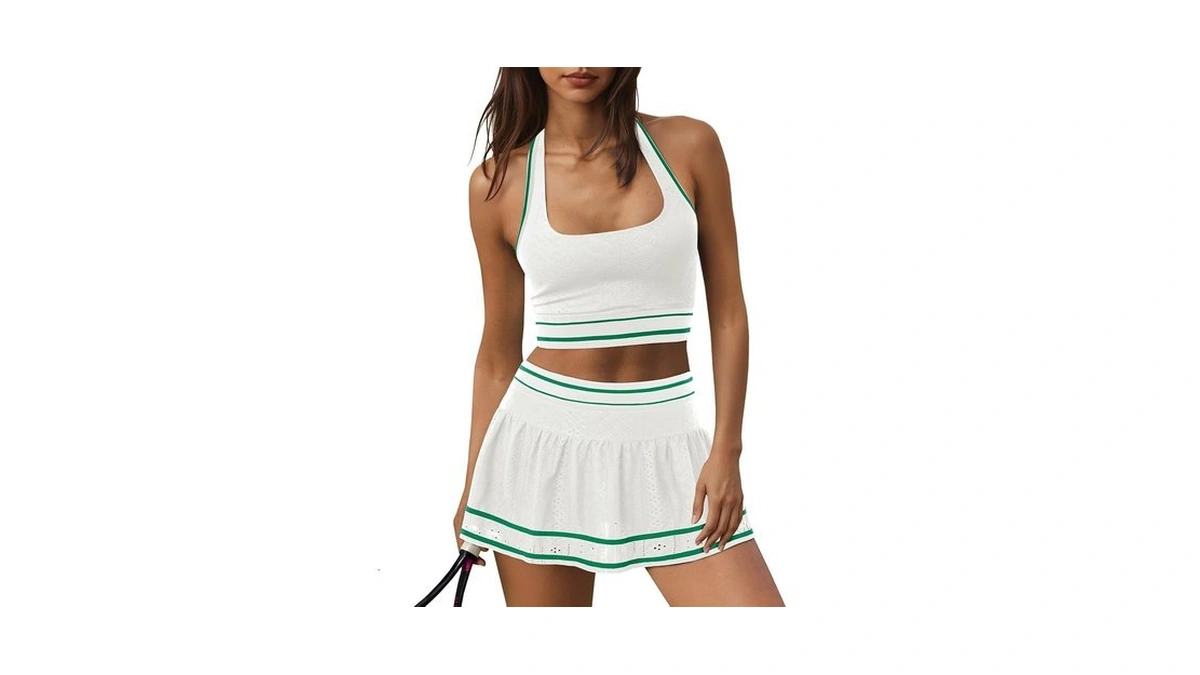 Fisoew Womens 2 Piece Tennis Skirt Sets Workout Set Halter
