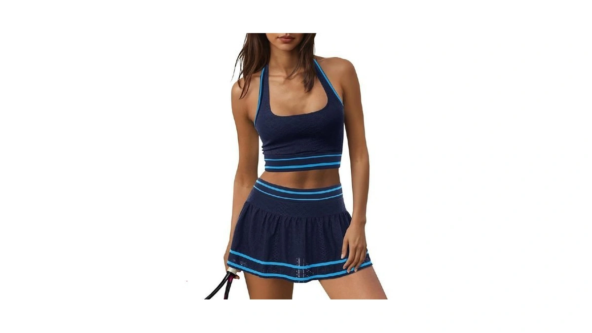 Fisoew Womens 2 Piece Tennis Skirt Sets Workout Set Halter