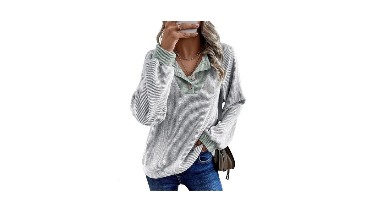 Eytino Women Plus Size Oversized Sweatshirt Colorblock Button V Neck
