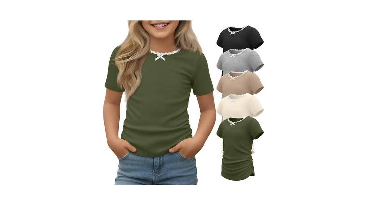 Yooaurvox 5 Pack Girl's Shirts Short Sleeve Lace Trim Crew