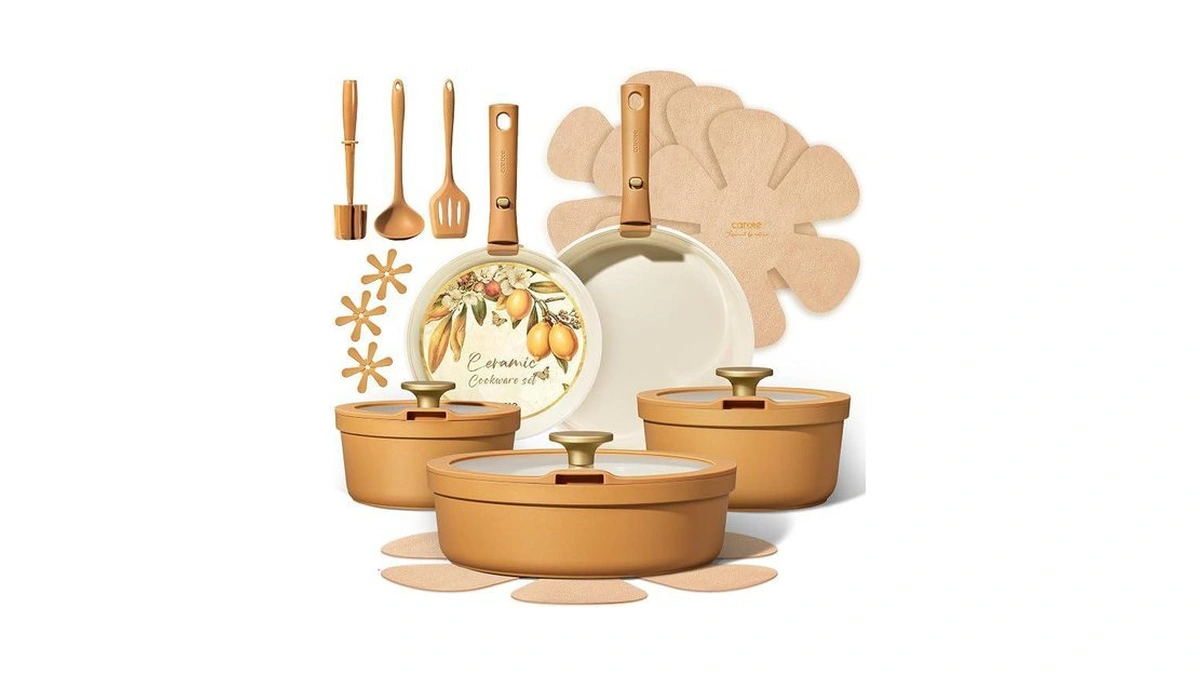 Carote 20pcs Ceramic Cookware Set With Detachable Handles, Pots And