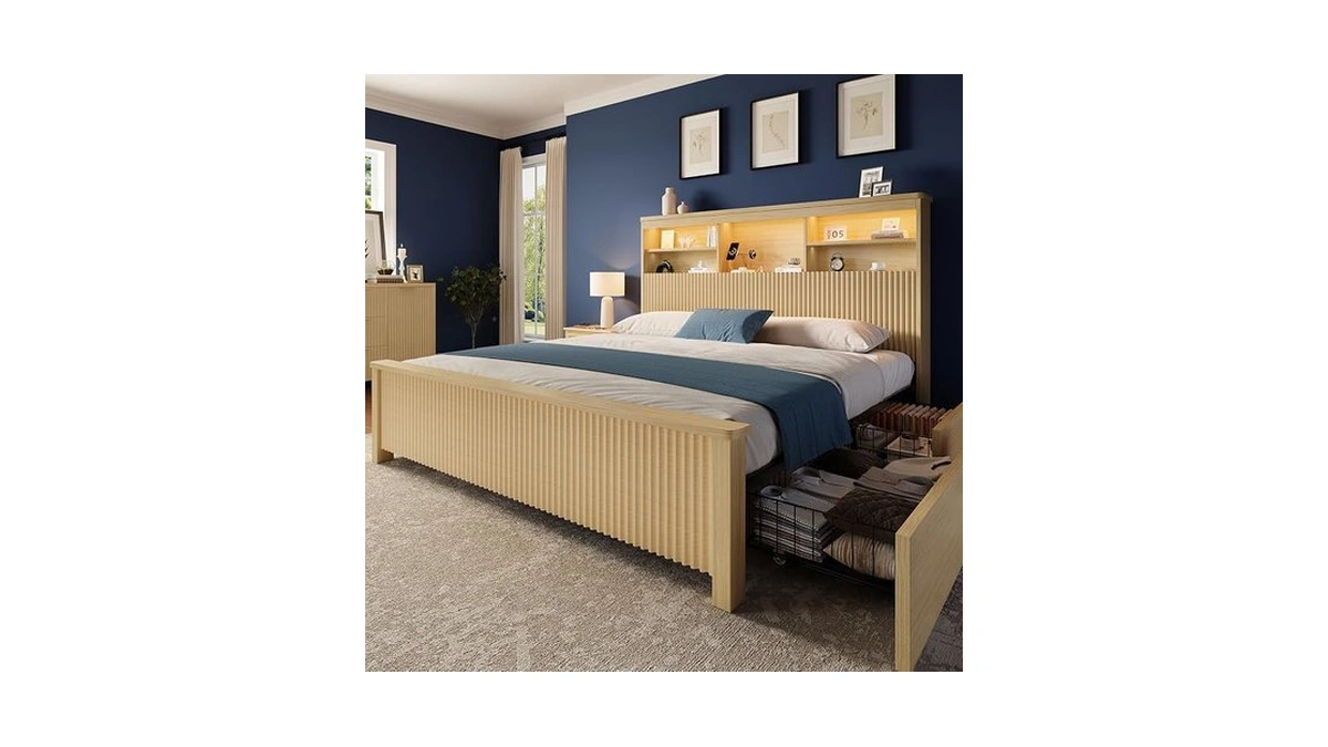 Uteeran Queen Size Bed Frame And Tall Headboard & Storage,