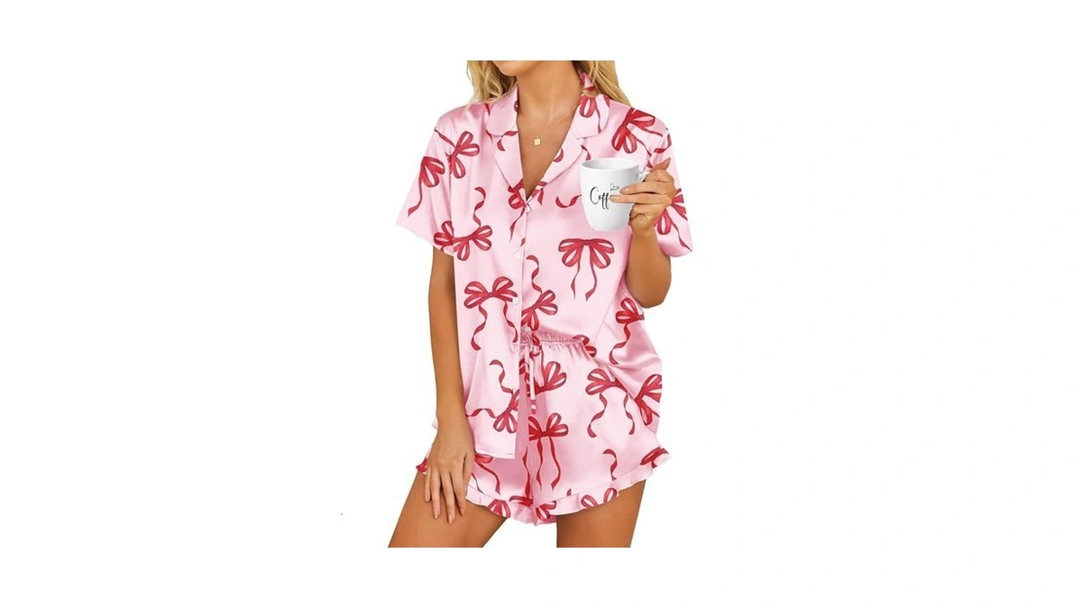 Hotouch Womens Satin Bow Pajamas Set Button Down 2 Piece