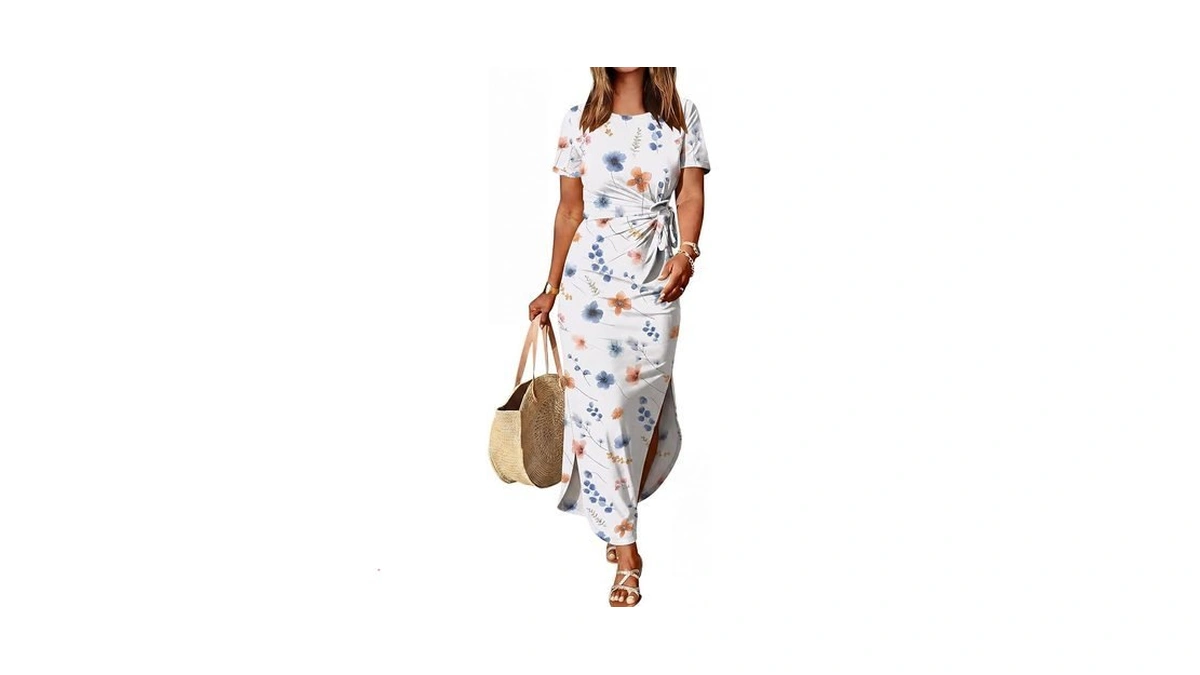 Prinbara Womens Summer Maxi Dress Casual Short Sleeve Tie Waist