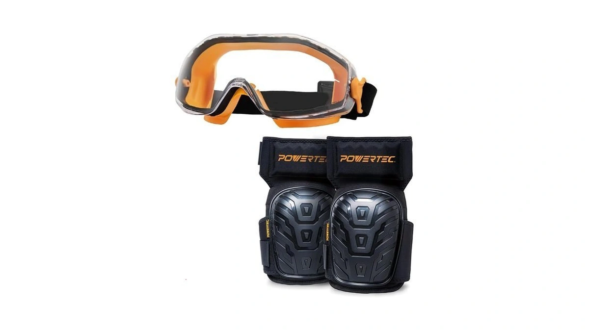 Powertec 72227 Safety Goggles Over Glasses & Knee Pads, Scratch