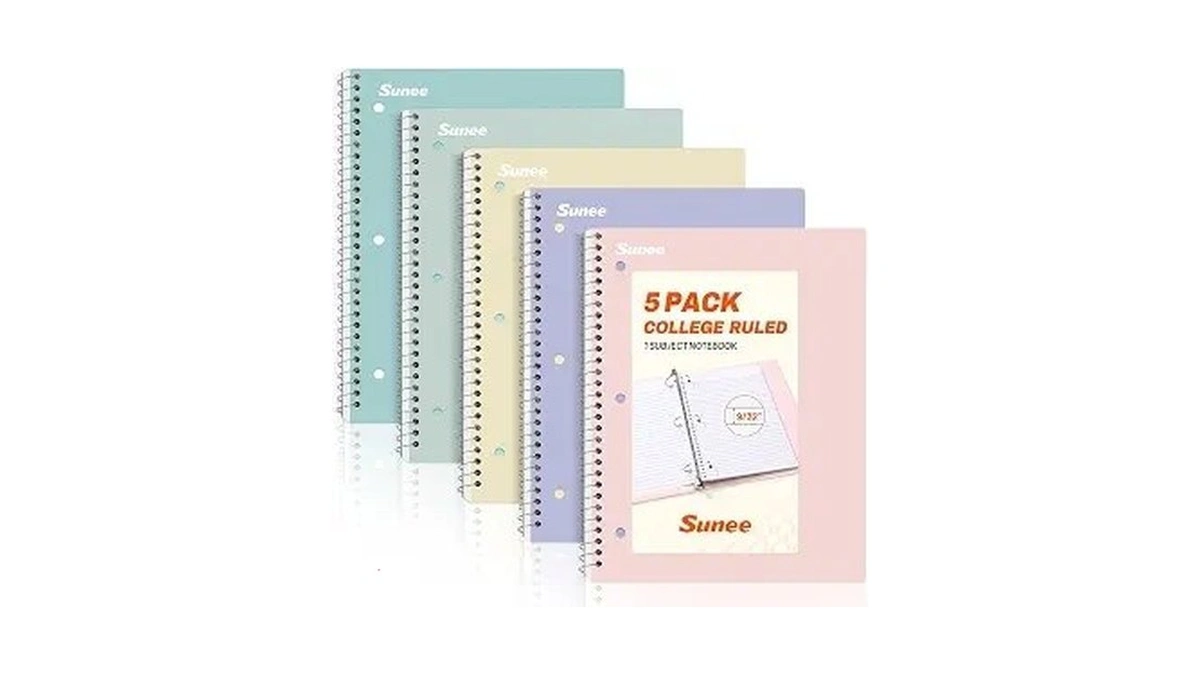Sunee Spiral Notebooks, 1-subject, 5 Pack, College Ruled Paper, 8"