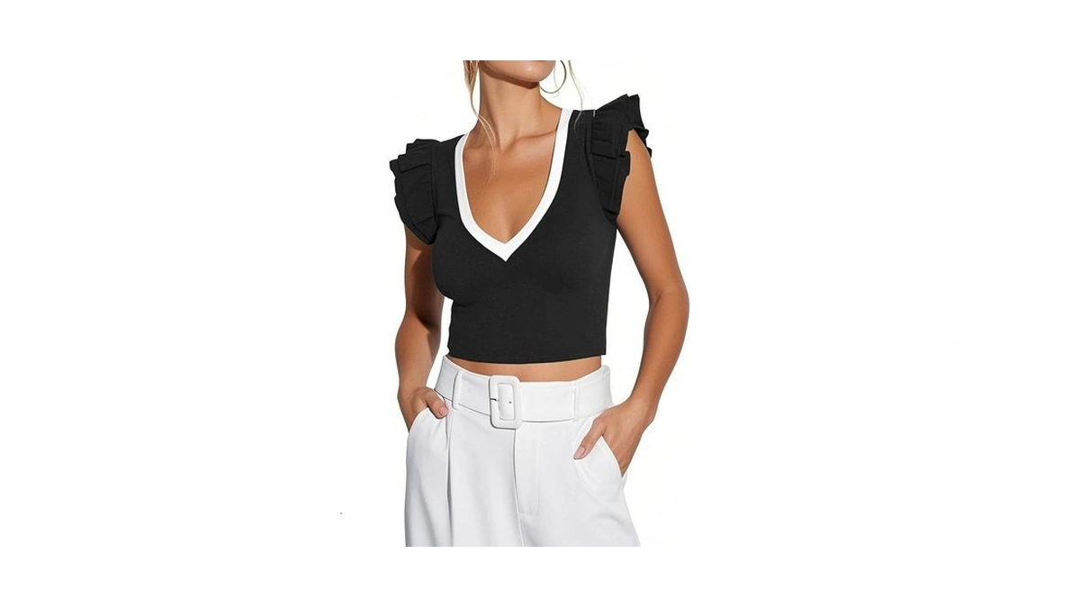 Ezbelle Women's Summer Shirts V Neck Crop Tops Ribbed Knit