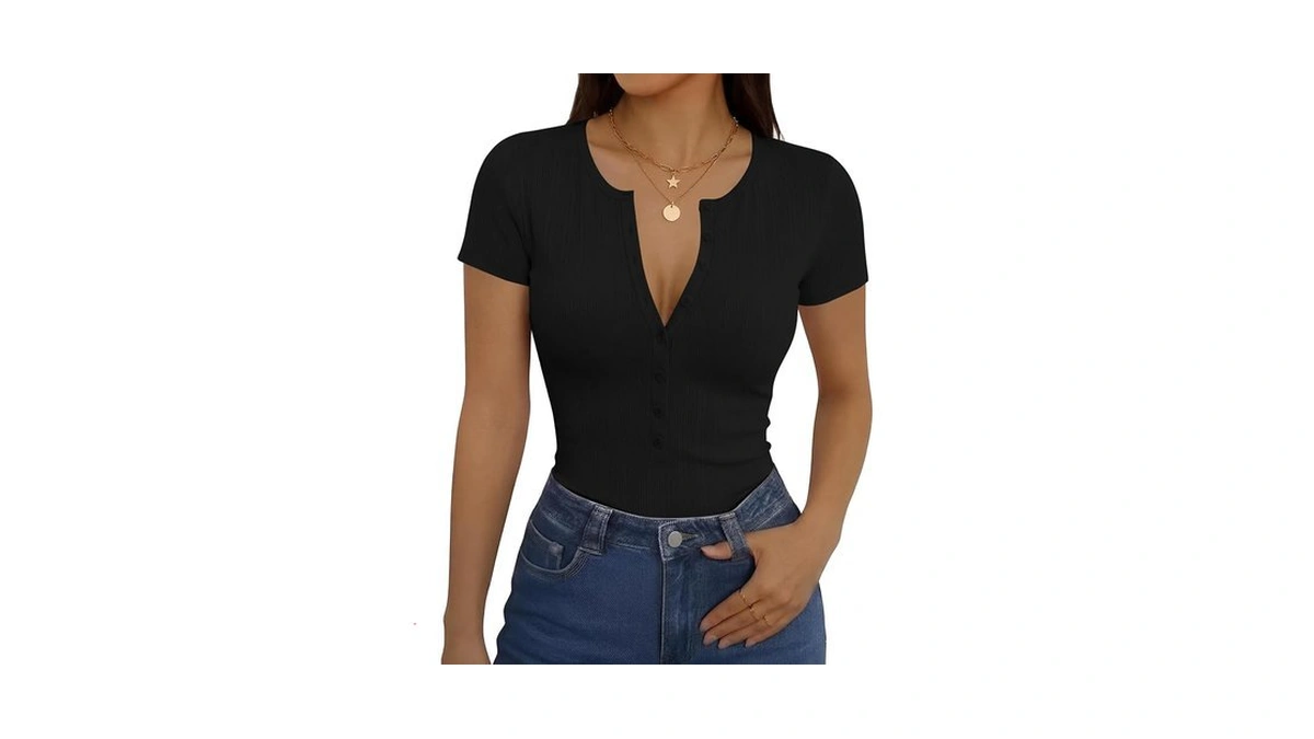 Rapbin Deep V Neck Tops For Women Henley Ribbed Knit