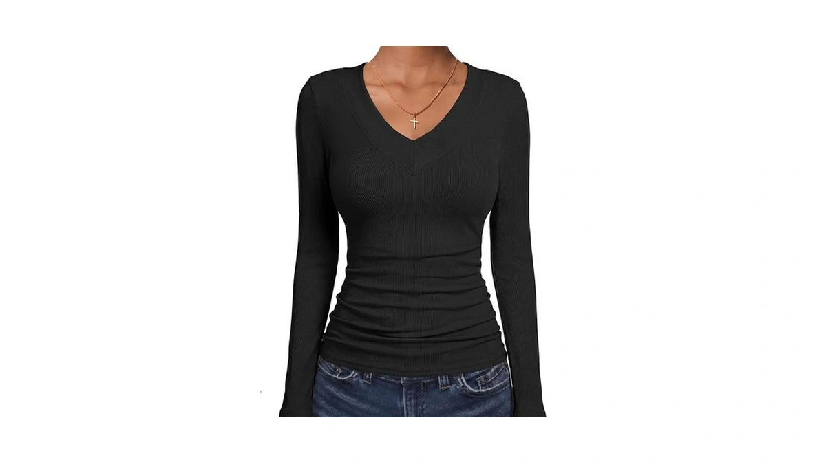 Anrabess Women's Long Sleeve V Neck Ribbed Shirts,black,xs