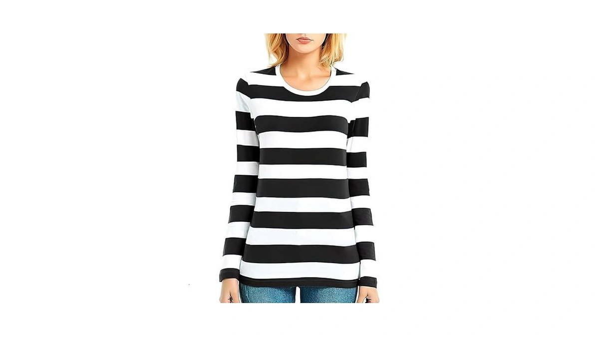 Long Sleeve T Shirt Women Wide Striped Tee Crew Neck