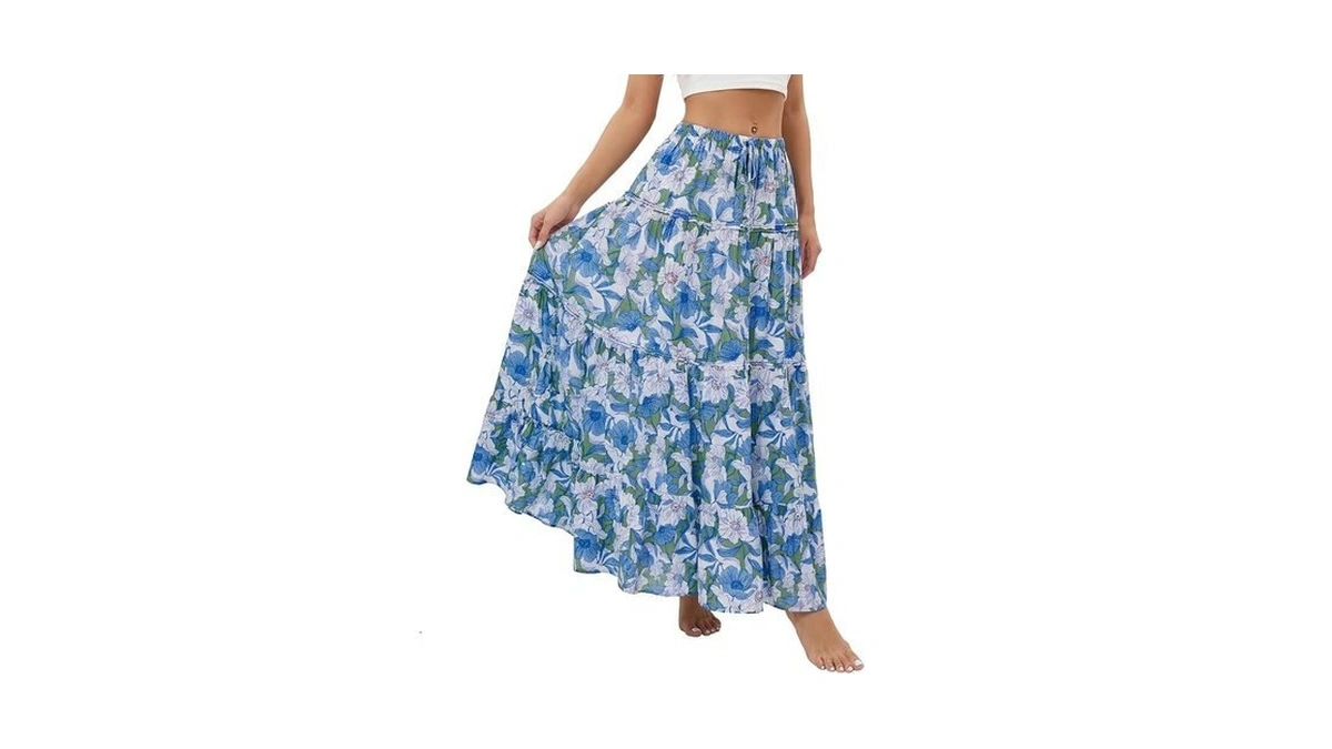 Lyaner Women's Floral Print Elastic High Waisted Flowy A Line