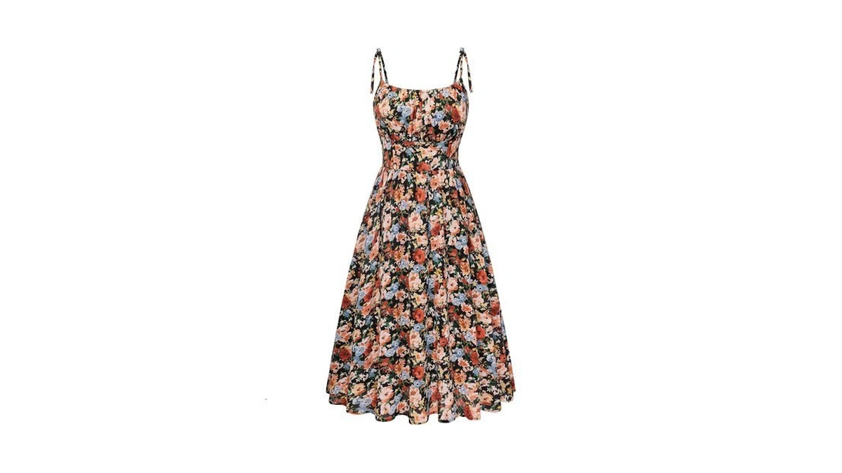 Belle Poque Black Floral Dress For Women Spaghetti Strap Midi