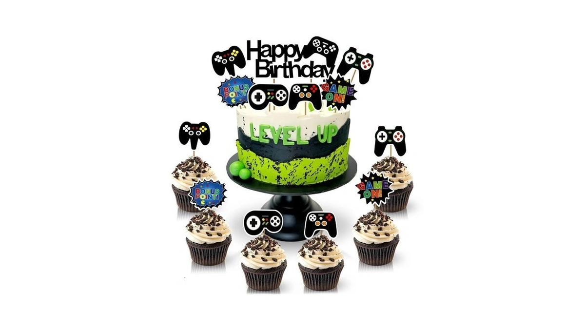 13 Pcs Cardboard Gamer Cake Topper Set With Sticks (video
