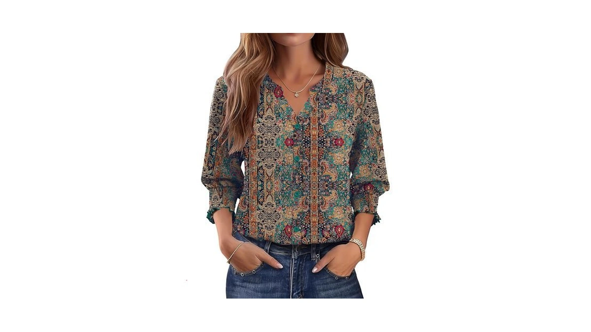Lomon Boho Tops For Women 3/4 Length Sleeve Button Down