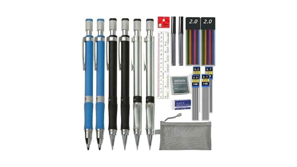 0.5mm 0.7mm 2.0mm Mechanical Pencil: 6 Pencils Set With Case