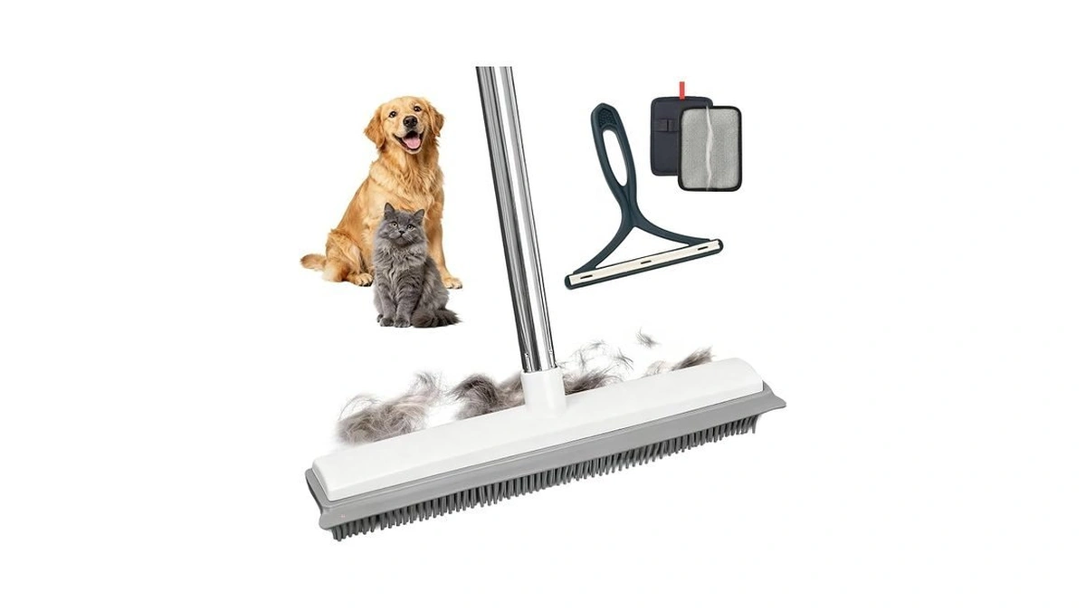 Carpet Rake For Pet Hair Removal, Adjustable Rubber Broom With