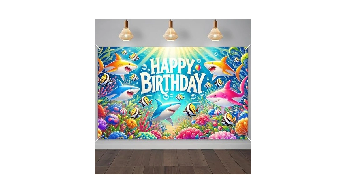Ivn Shark Ocean Theme Backdrop Banner 71x43 Inch Happy Birthday