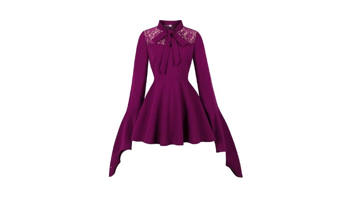 Wellwits Women's Lace Insert Gothic Bell Sleeves Vintage Dress Goth