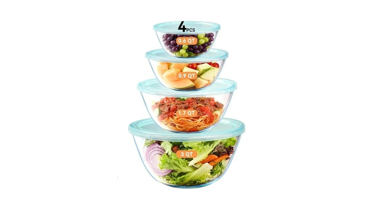 Yuanye 4 Pack Glass Mixing Bowls With Lids Set (3qt/1.7/0.9/0.6qt),thick