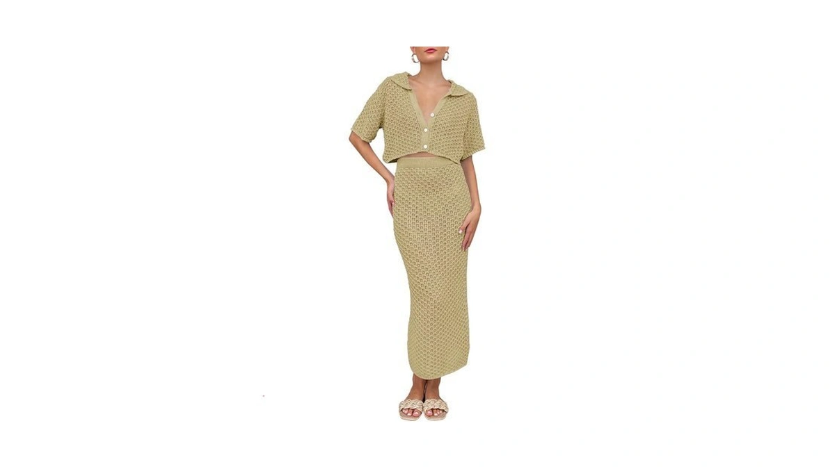 Saodimallsu Women Crochet Beach Cover Up Set Knit Crop Button