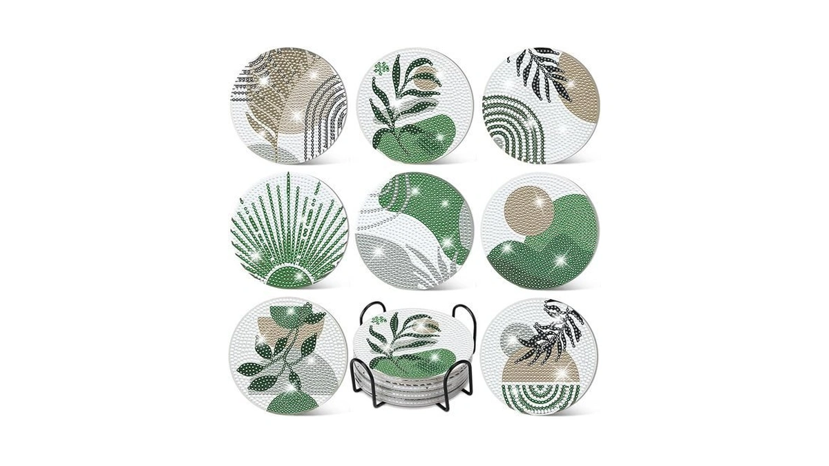 Ovveroche 8 Pcs Boho Diamond Art Painting Coasters Holder Green