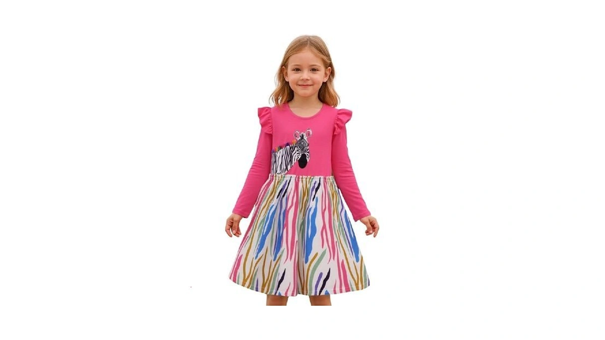 Hileelang Girl Long Sleeve Dress Ruffle Cotton Casual Rose Pink