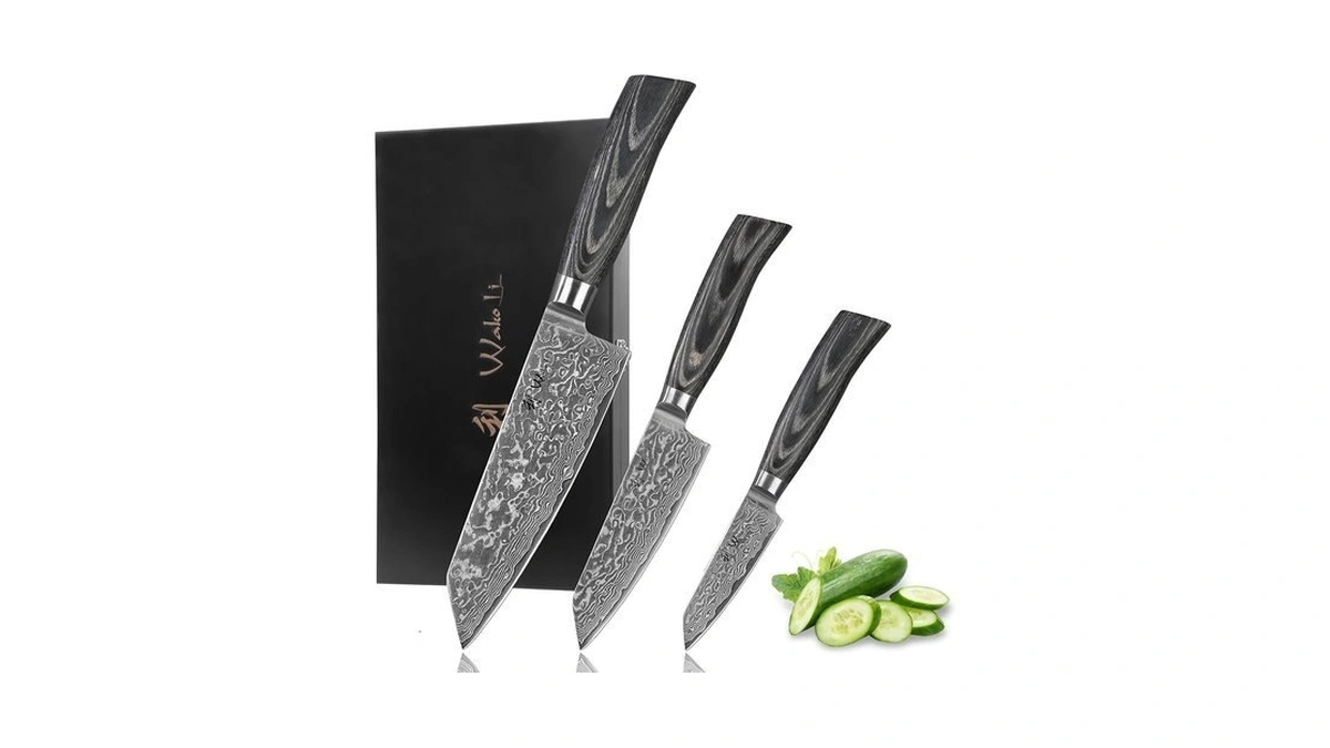 Wakoli Edib Pro Kiritsuke Knife Set, 3-piece Vg10 Damascus, Black