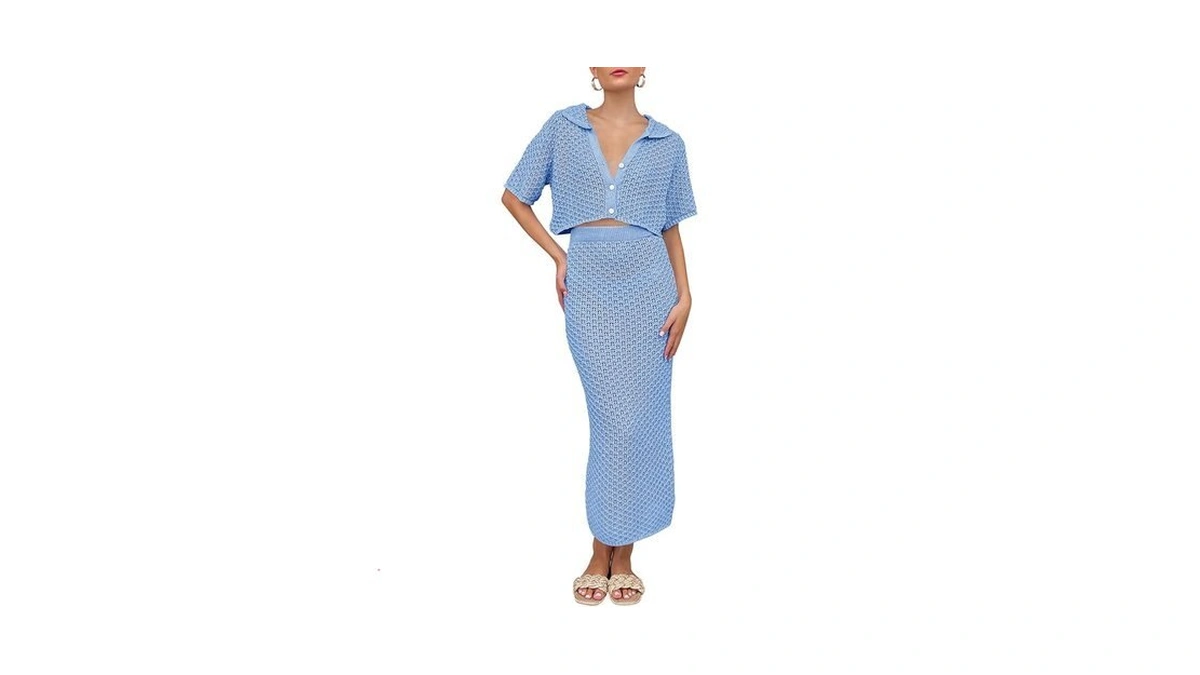 Saodimallsu Women Crochet Beach Cover Up Set Knit Crop Button