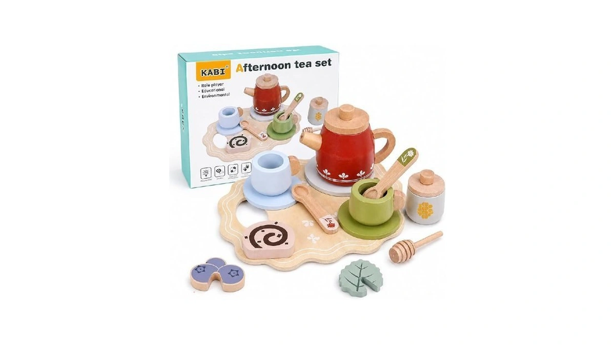 Wooden Red Tea Set Toys - Kids Pretend Play -