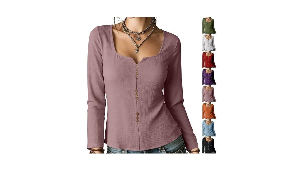 Long Sleeve Shirts For Women Cotton Button Tops Henley Slim