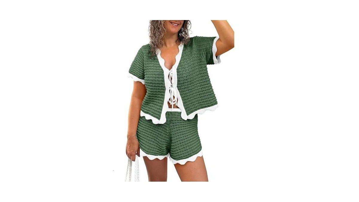 Fisoew Womens 2 Piece Swimsuit Crochet Cover Up Short Sleeve