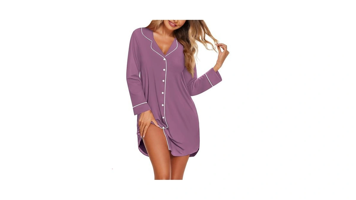 Ekouaer Women's Nightgown Long Sleeve Nightshirt Button Down Sleepshirt Boyfriend