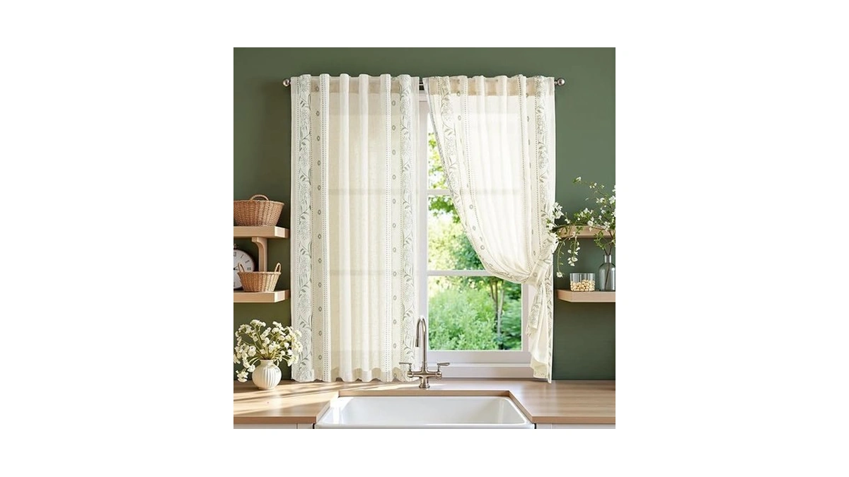 Jinchan Green Embroidered Floral Linen Short Curtains 54 Inches 2