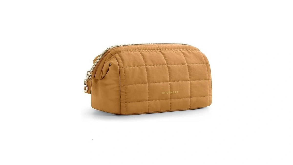 Bagsmart Puffy Padded Travel Makeup Bag, Wide-open Toiletry Bag, Mustard