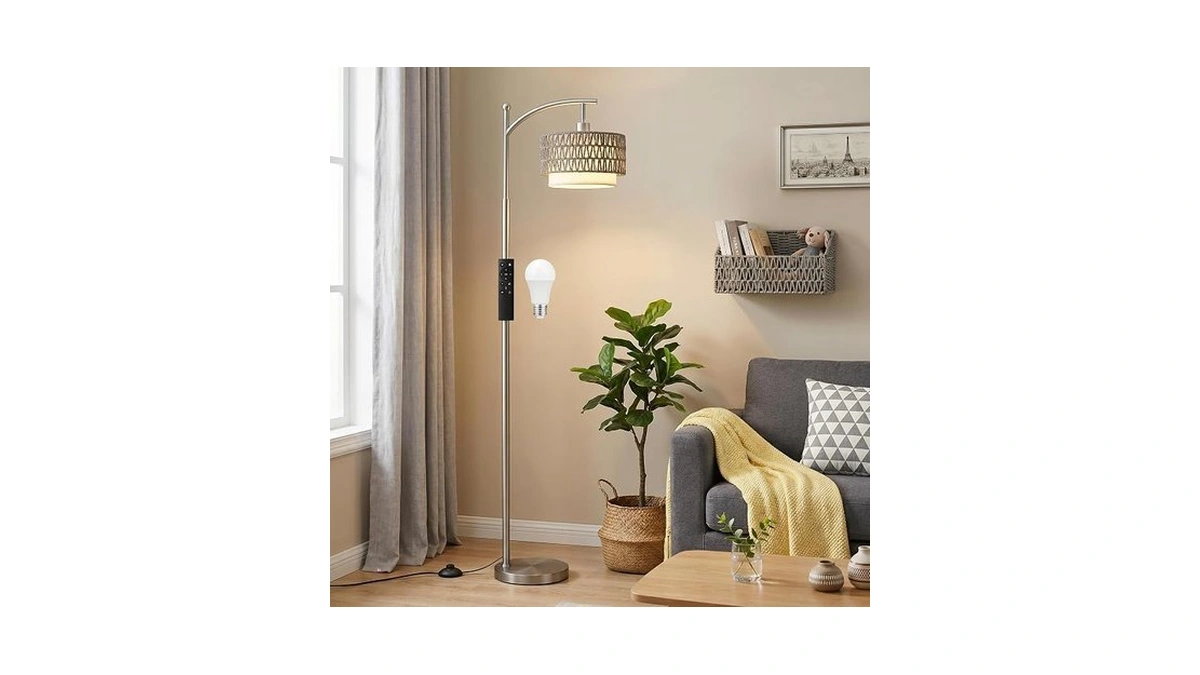 Ambimall Arc Floor Lamp With Remote & Rattan Double Shades,