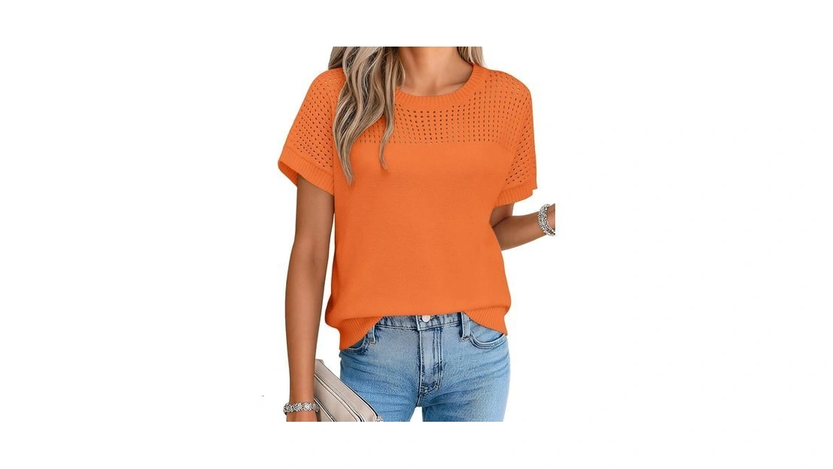 Anbech Crochet Tops For Women Short Sleeve Knit Sweater Pullover