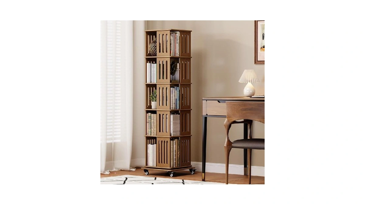 Turosur Solid Wood Rotating Bookshelf With Wheels, 5 Tier Square