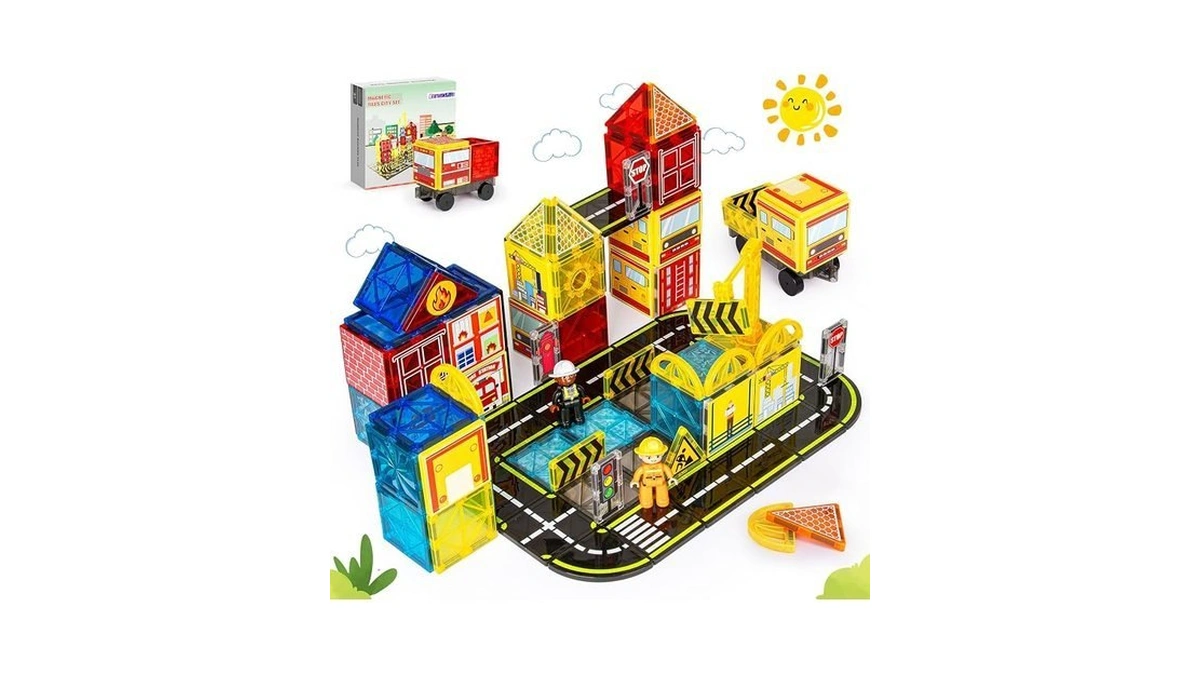 Magnetic Tiles Road Set With Fire Trucks & 2 Dolls,