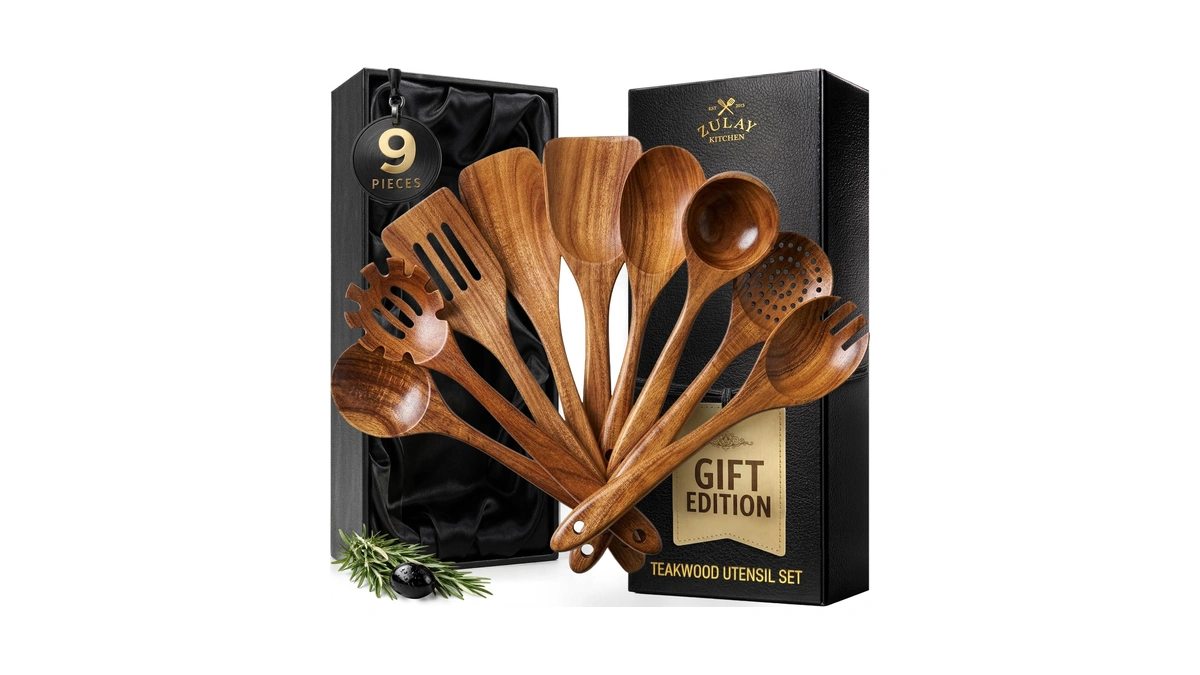 Zulay Kitchen 9-piece Teak Wooden Utensils For Cooking - Natural