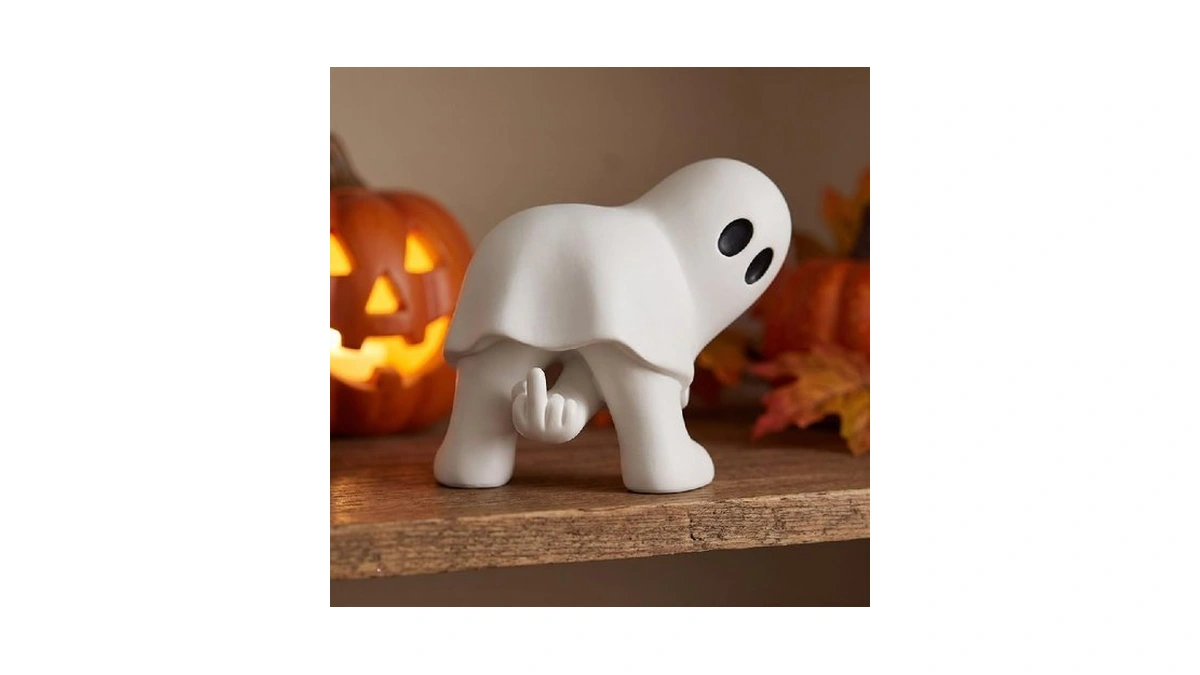 Funny Halloween Ghost Figurine Middle Finger, Matte White Novelty Ghost