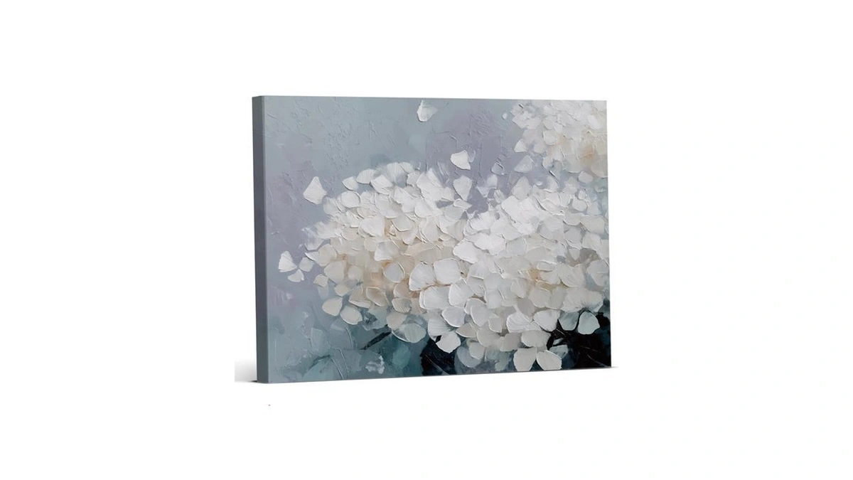 White Hydrangea Floral Canvas Wall Art - Neutral Botanical Print
