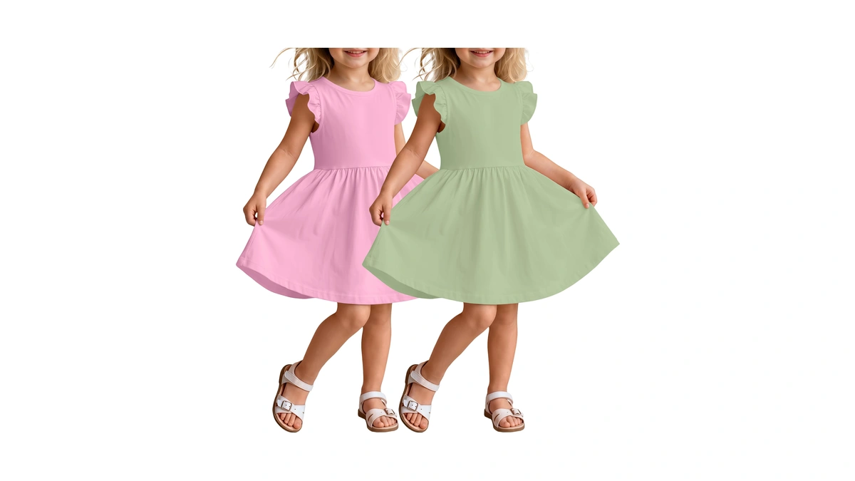 Custoneei 2 Pack Toddler Girls Flutter Sleeve Dresses Kids Short