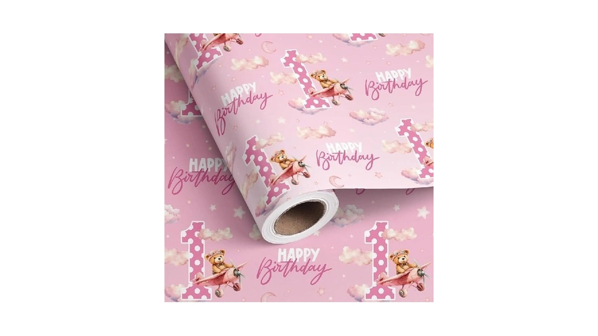 Untrochu Baby Girl 1st Birthday Wrapping Paper Roll - Pink