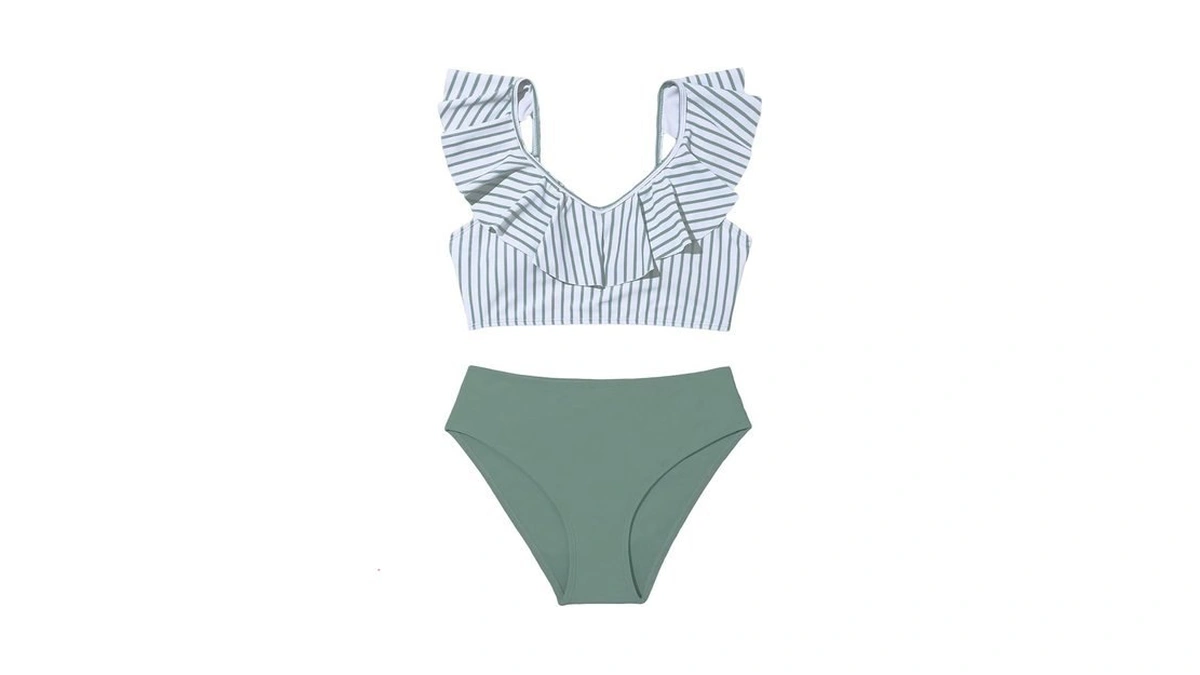 Shenhe Girl's Swimsuits V Neck Ruffle Flounce Bathing Suits Striped