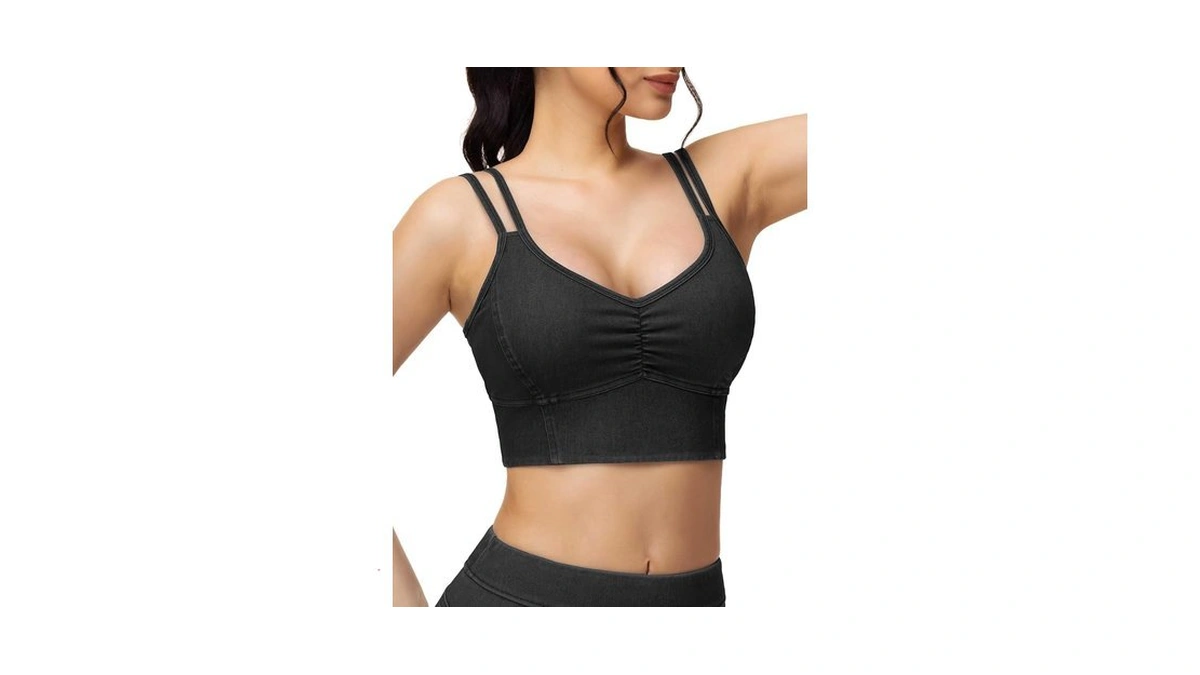 The Gym People Women's Denim Crop Tops V-neck Padded Strappy