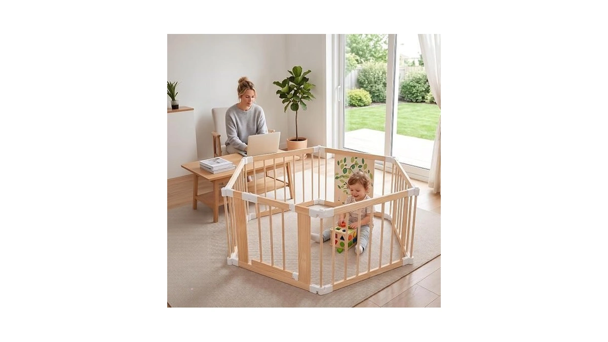 Wooden Baby Playpen With Child Safety Lock, 6-panel Adjustable Foldable