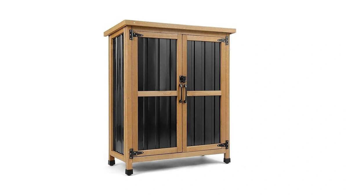 Weatherproof Outdoor Storage Cabinet With Lockable Doors, Wood & Metal